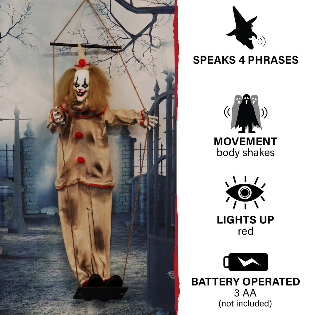 Haunted Hill Farm Animatronic 4.6-Ft. Swinging Clown with Lights and Sound, Indoor or Covered Outdoor Halloween Decoration