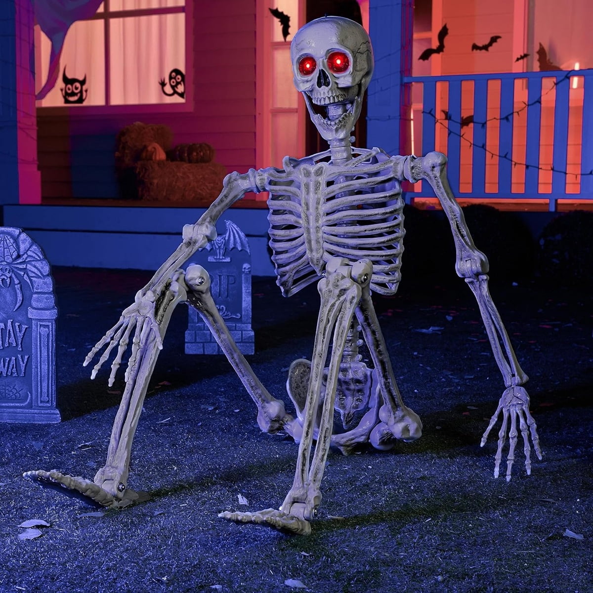 JOYIN 5FT Halloween Posable Skeleton with LED Red Glowing Eyes