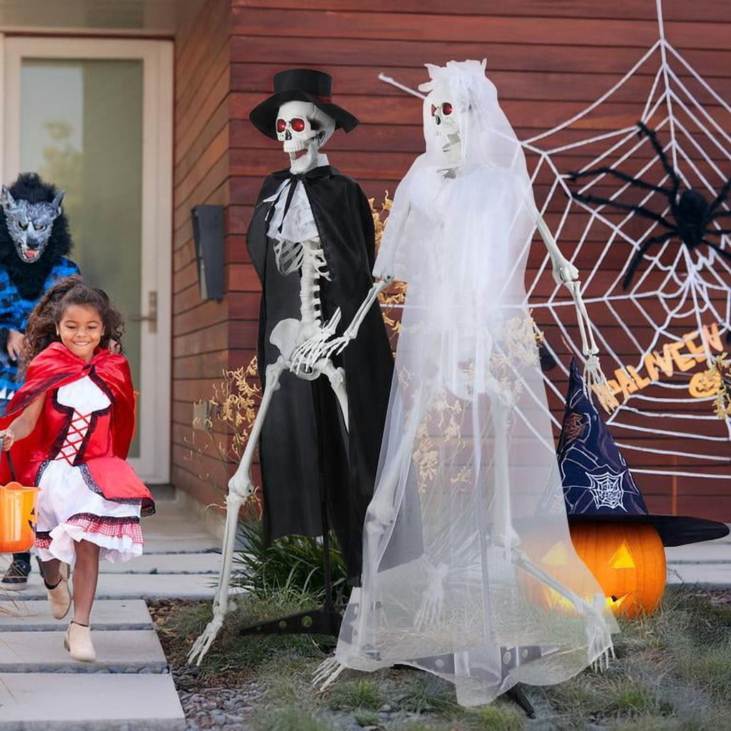 Floseru Life Size Halloween Skeleton Couple, Bride & Groom Set with Glowing Eyes, Poseable Joints, for Spooky Indoor Outdoor Display