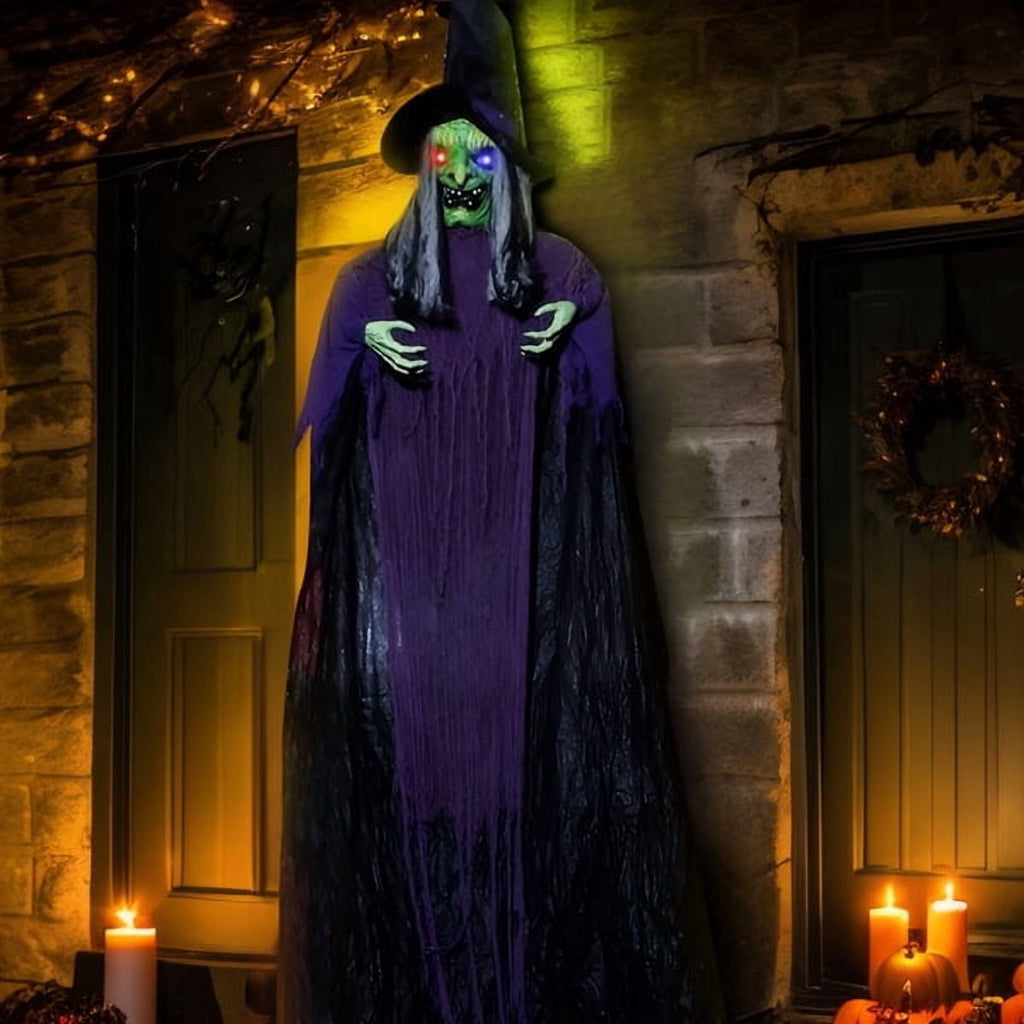 12ft Life-Size Halloween Hanging Witch Decoration, Talking, Light-Up Eyes, Touch-Sensor Activated, Durable Fabric for Indoor/Outdoor Use