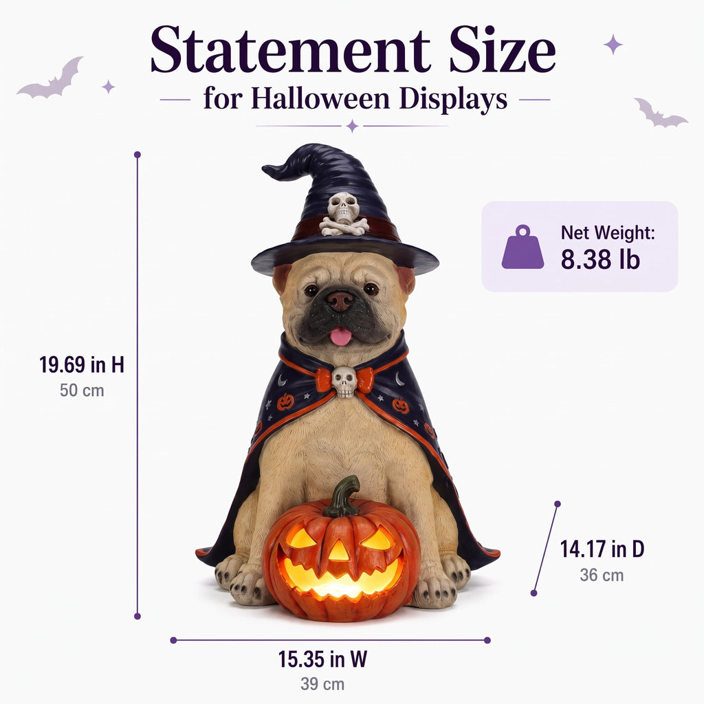 A7Store Halloween Golden Retrieve Dog Indoor Outdoor Porch Statue with Lighted Pumpkin, Pink Witch Hat and Cape