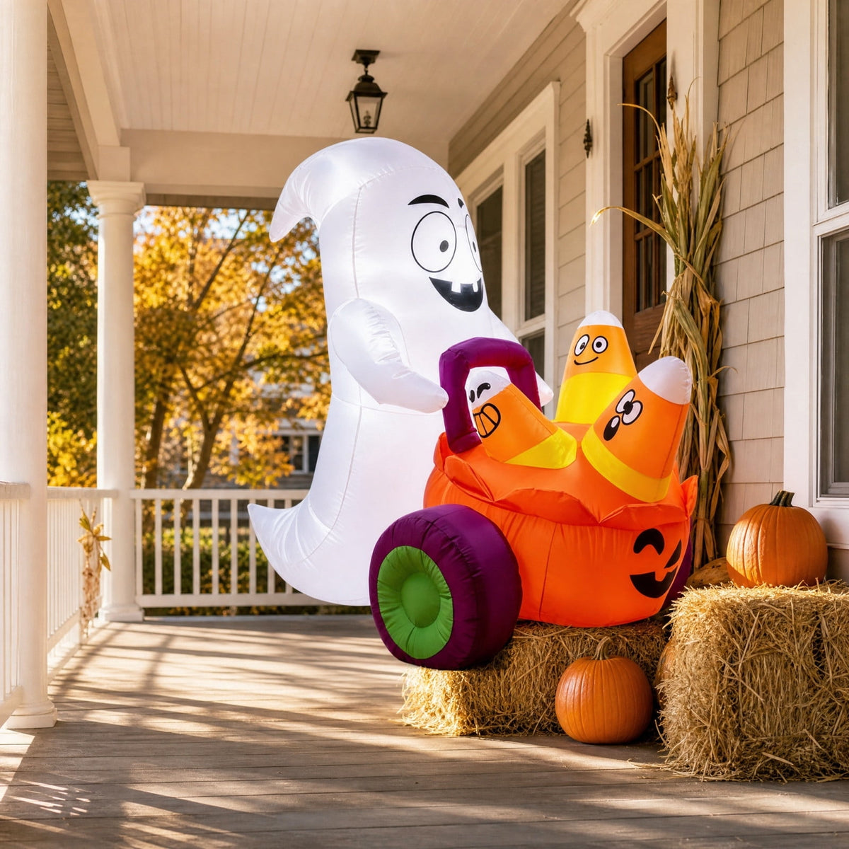 HHJZPR Halloween Inflatable Ghost Driving Pumpkin Cart Yard Decor, 59.06in Built-in LED Light Blow Up Candy Corn Pumpkin Trolley Outdoor Lawn Holiday Ornament