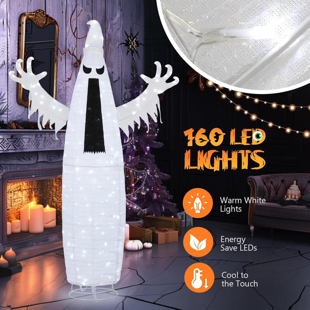 VINGLI 4FT Scary Lighted Halloween Decorations Outdoor, Pop Up Halloween Ghost Decorations, Light Up Ghost Decor with Pre-lit 135 LEDs, Cute Broom, Black Hat for Porch Yard Lawn Patio