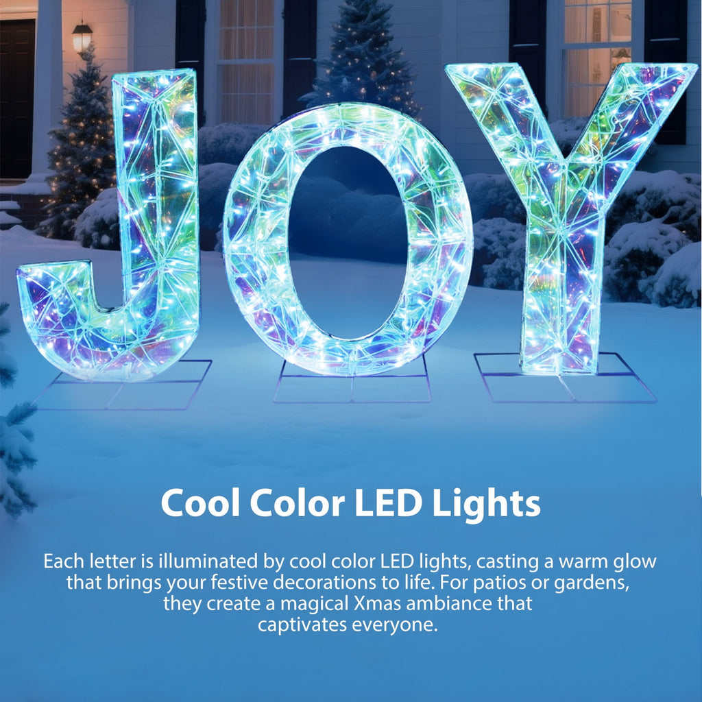 3 Piece Outdoor Xmas Decor Letters LED Lighted Prism Holiday Yard Decorations Metal PVC Lighted Patio Garden Decor