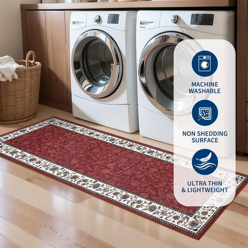 Large Living Room Rug 10x13 Non-Slip Floral Indoor Carpet Washable Floral Bordered Floor Mat Low Pile Non-Shedding Foldable Neutral Bedroom Rugs for Dining Room Nursery Home Office Red