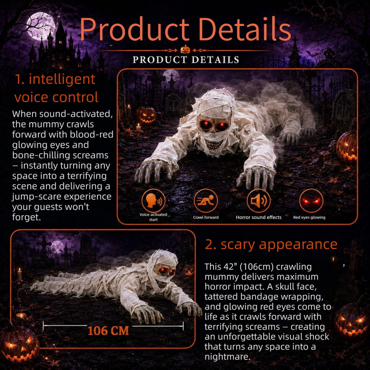 Halloween Crawling Mummy Animatronic Decoration, Sound-Activated with Red Glowing Eyes & Scary Sounds