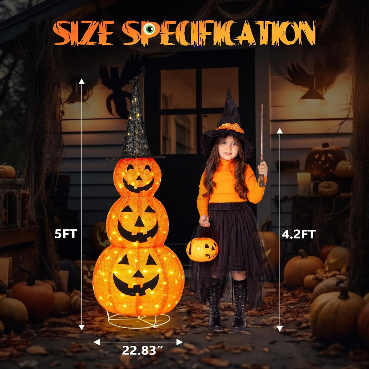 VINGLI 4FT Scary Lighted Halloween Decorations Outdoor, Pop Up Halloween Ghost Decorations, Light Up Ghost Decor with Pre-lit 135 LEDs, Cute Broom, Black Hat for Porch Yard Lawn Patio