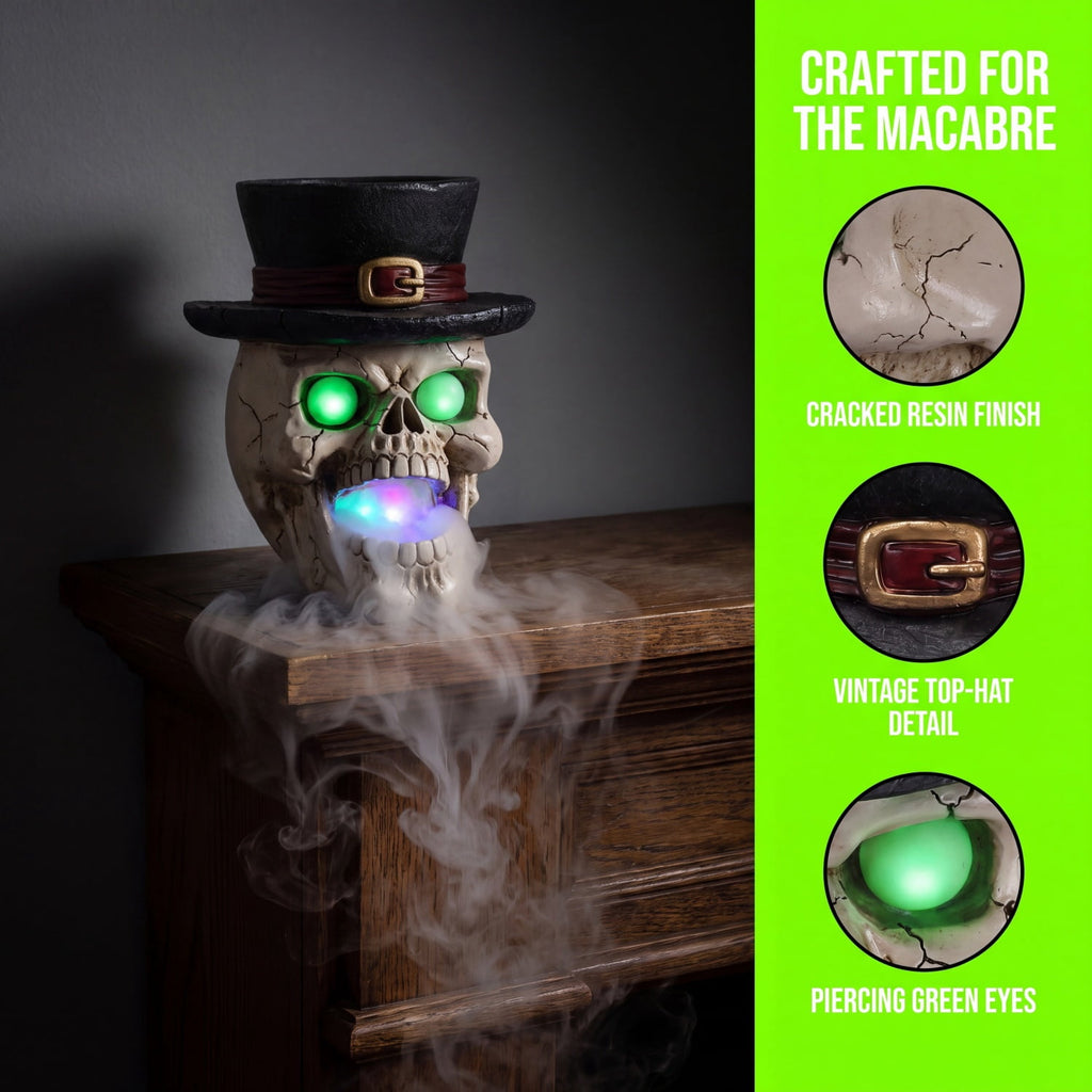 SpookHaven Halloween Jack‑O‑Lantern Pumpkin Mist Sprayer Figurine, LED Light‑Up Fogger with Witch Hat & Skull Decoration, Spooky Ornament for Tabletop Entryway Halloween Party Home Decor