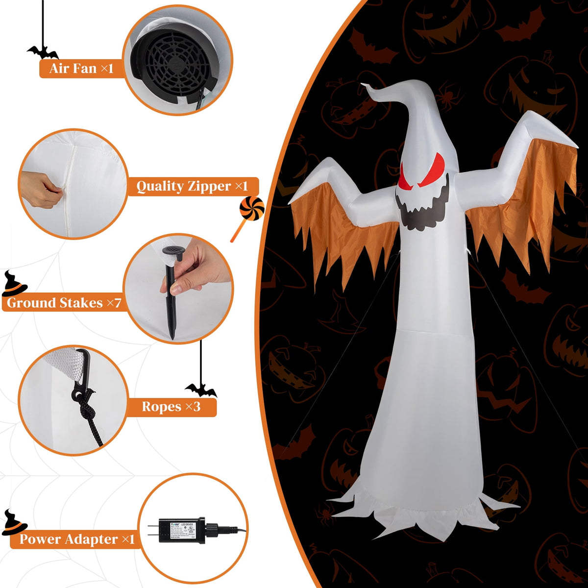 12ft Halloween Inflatable Scary Ghost with Flames and Flashing Red Eyes