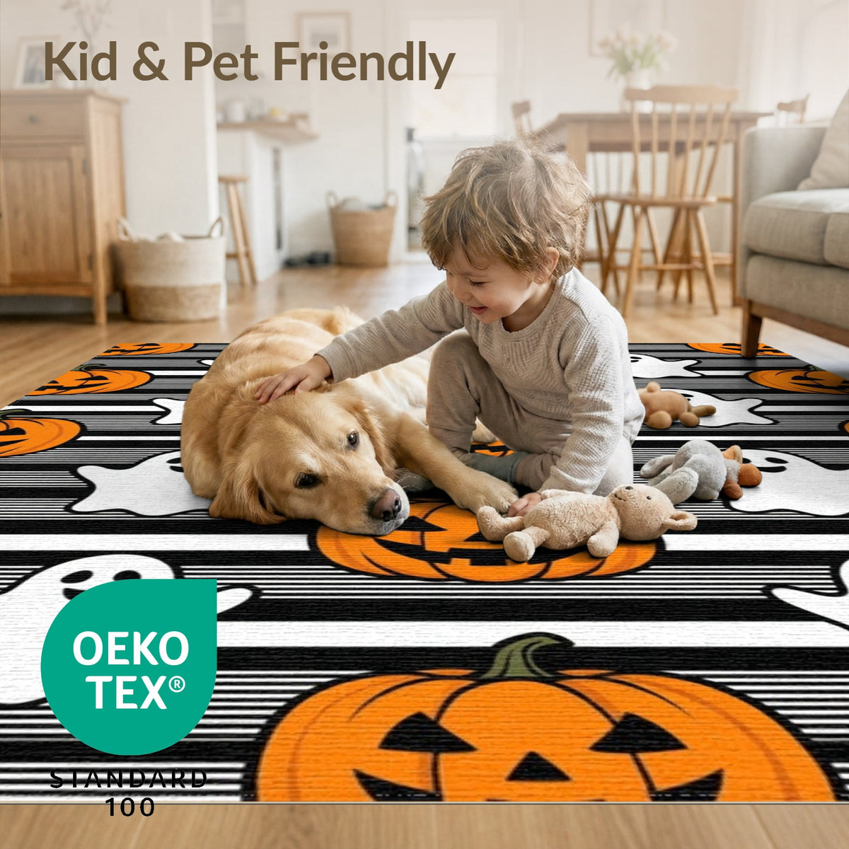 ODIKA Halloween Spooky Pumpkin Phantom Striped Entrance Door Doormat for Playroom, Bedroom, Reading Nook, Pet Friendly & Kids Safe Play