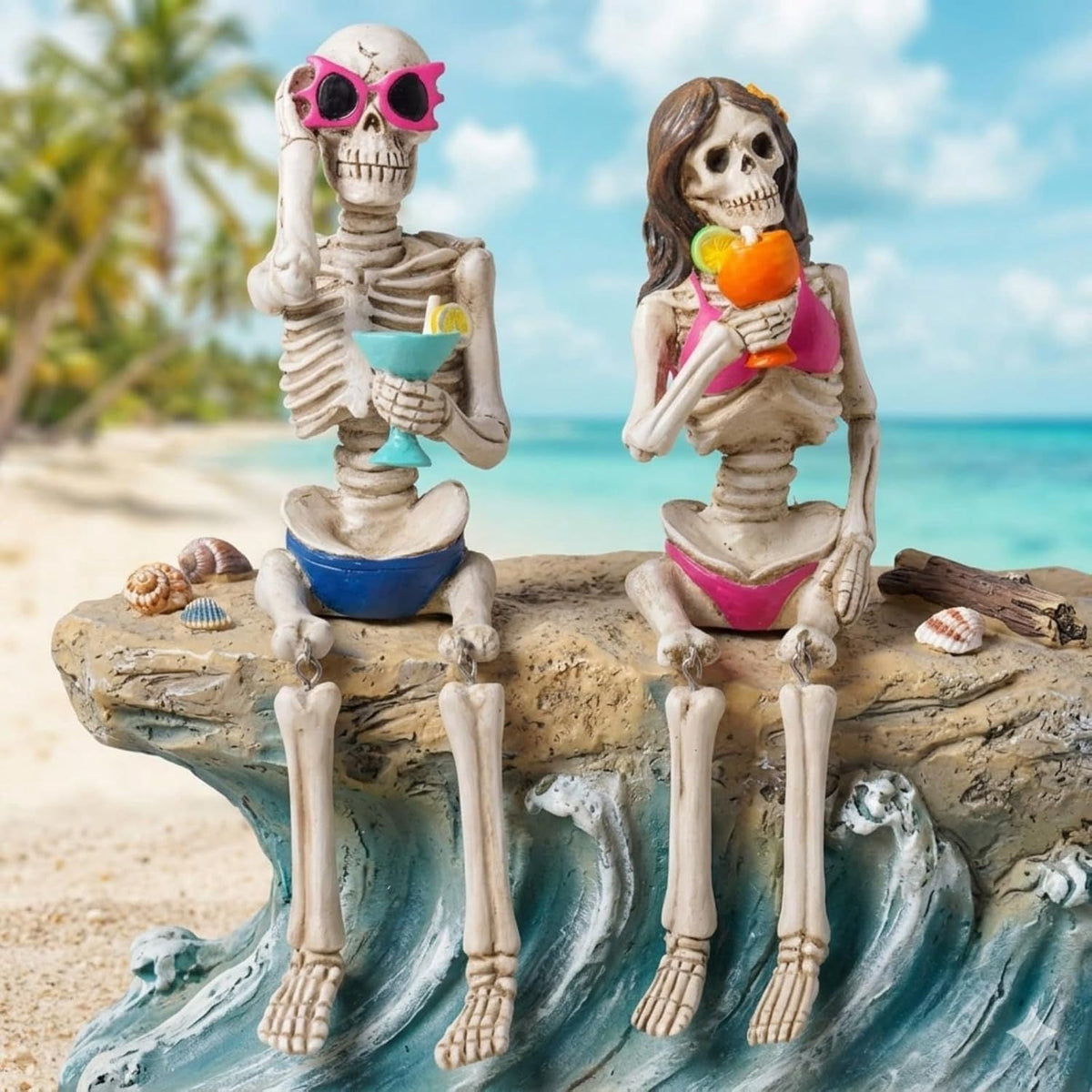 Halloween Skeleton Statue in Bikini Sunglasses for Summer and Spooky Decor