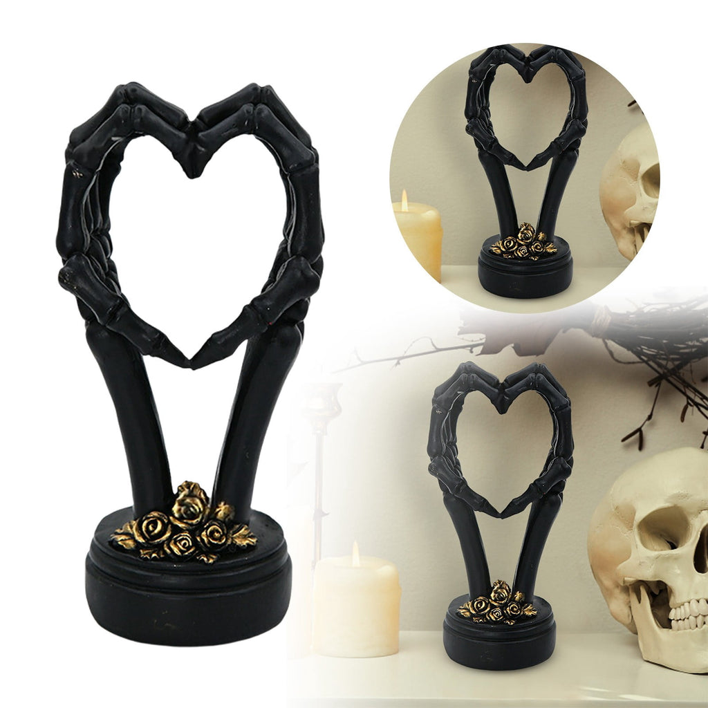3Pcs Halloween Skeleton Heart Hands Sculpture, Resin Abstract Bone Finger Gesture Statue with Floral Ornament Base, Gothic Home Desktop Decor for Shelf, Mantel, Dressing Table and Party Display