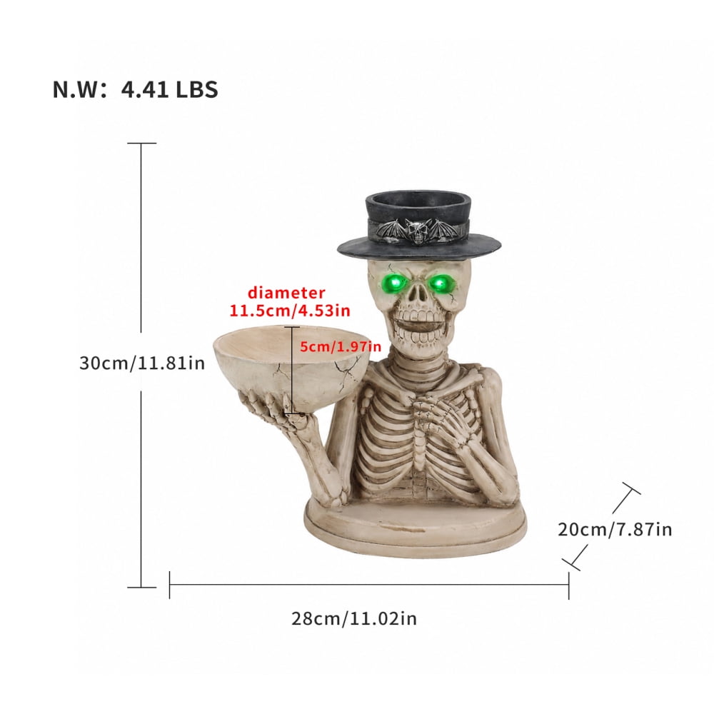 Halloween Skeleton Butler Floor Statue with Serving Tray & Black Cat, Resin Gothic Home Decor for Entryway Porch Living Room