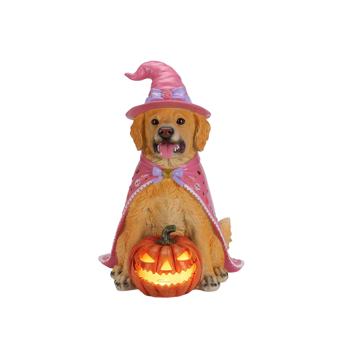 A7Store Halloween Golden Retrieve Dog Indoor Outdoor Porch Statue with Lighted Pumpkin, Pink Witch Hat and Cape