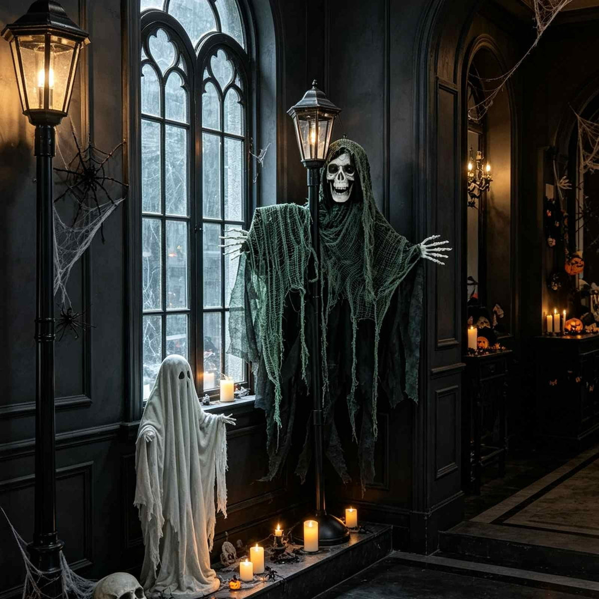 AMARHH Halloween Lighted Ghost Street Lamp Prop, 79 x 39 x 2 Inch, Glowing Skeleton Grim Reaper Yard Decor with Tattered Robes, Spooky Outdoor Party Haunted House Prop