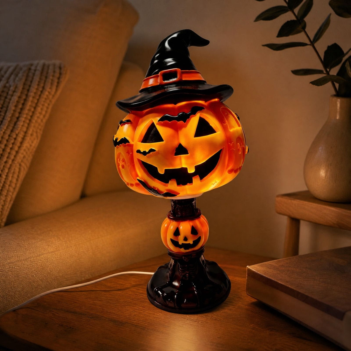 AZXY Halloween Stacked Lighted Pumpkin Figurine, Skeleton Cut‑Out Pumpkin Lamp, Spooky Holiday Floor Ornament, Halloween Yard Party Decoration for Porch Yard Living Room Use