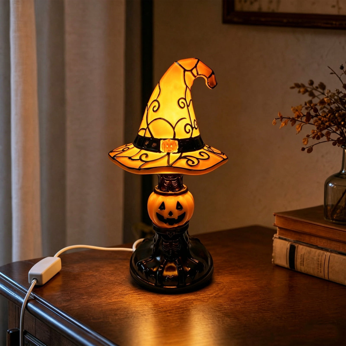 AZXY Halloween Stacked Lighted Pumpkin Figurine, Skeleton Cut‑Out Pumpkin Lamp, Spooky Holiday Floor Ornament, Halloween Yard Party Decoration for Porch Yard Living Room Use
