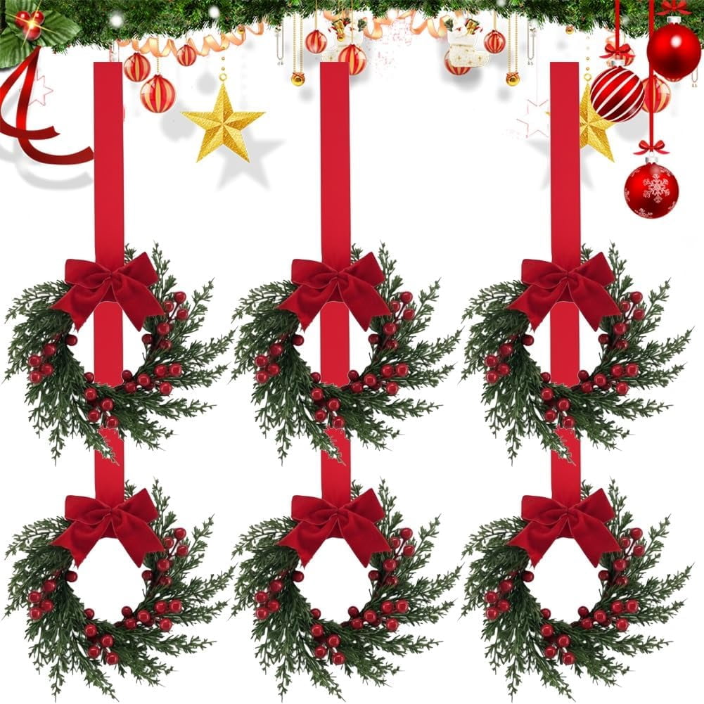 Christmas Mini Wreaths, Set of Small Artificial Pine Cabinet Rings with Bows & Berries, Holiday Door & Window Decor, Hanging Indoor Outdoor Christmas Decorations (Black/Red Check, 10PCS)