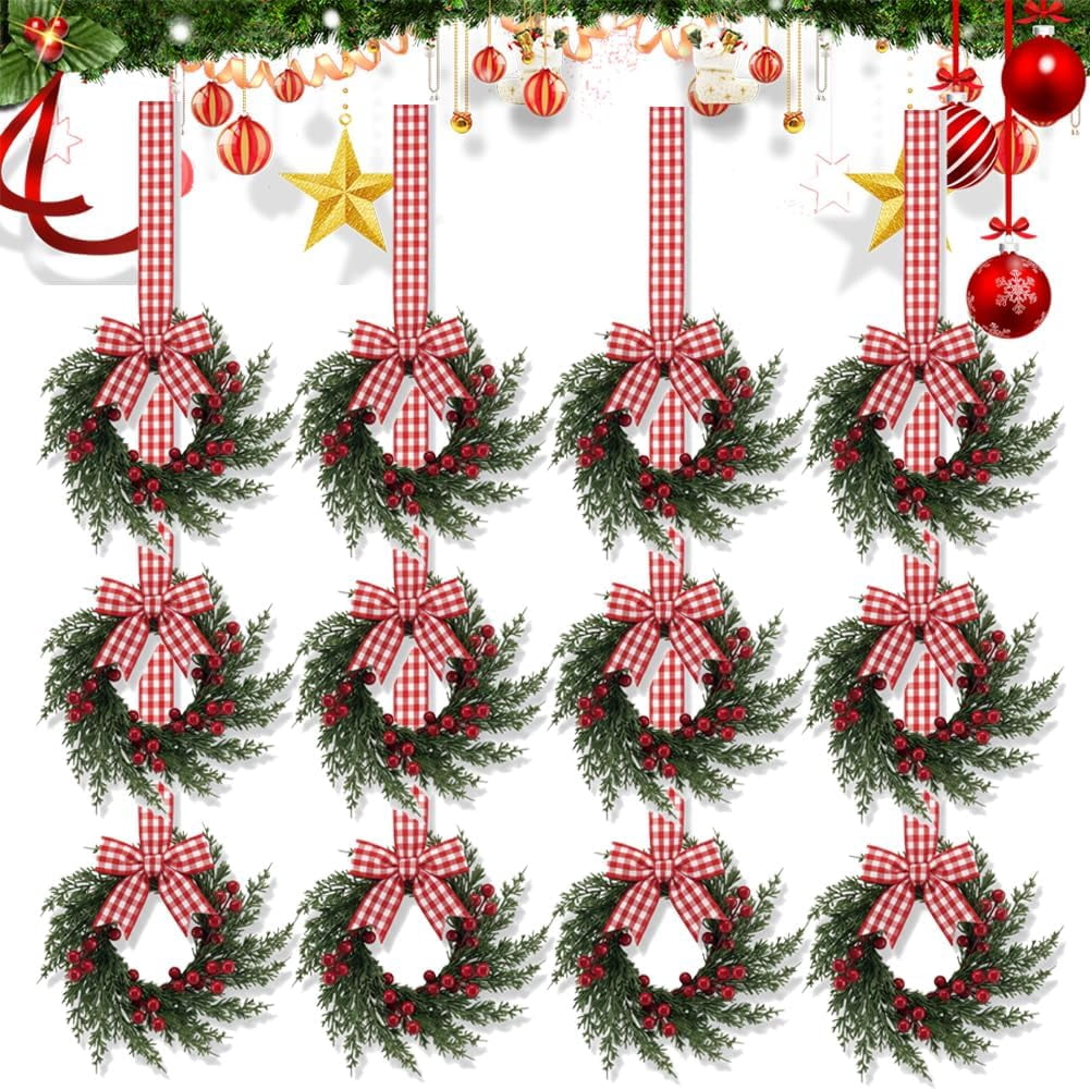 Christmas Mini Wreaths, Set of Small Artificial Pine Cabinet Rings with Bows & Berries, Holiday Door & Window Decor, Hanging Indoor Outdoor Christmas Decorations (Black/Red Check, 10PCS)