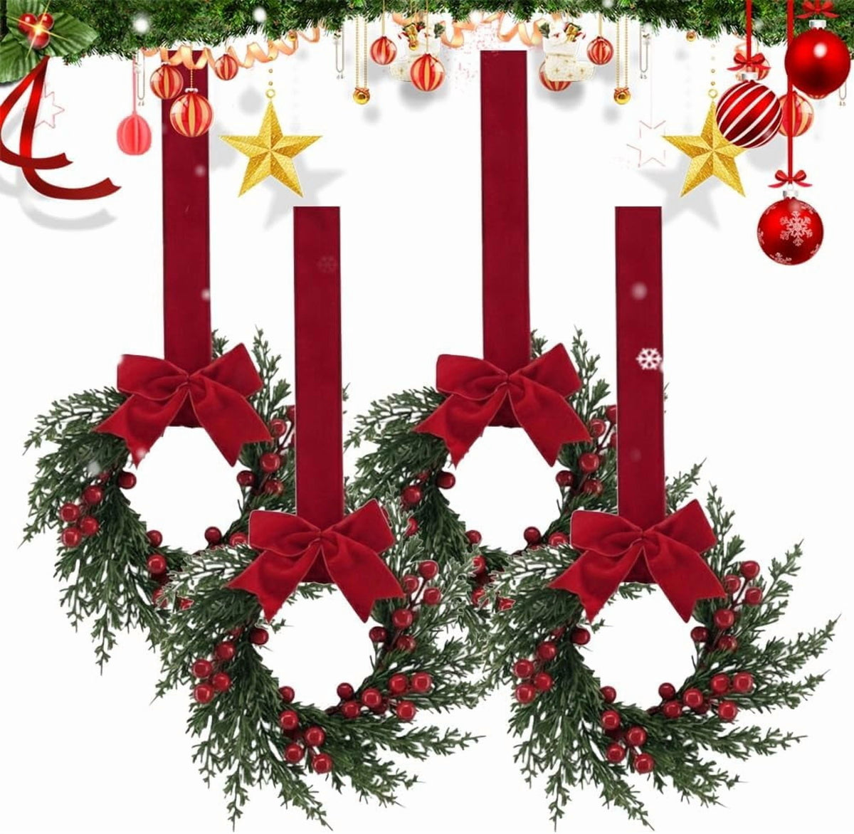 Christmas Mini Wreaths, Set of Small Artificial Pine Cabinet Rings with Bows & Berries, Holiday Door & Window Decor, Hanging Indoor Outdoor Christmas Decorations (Black/Red Check, 10PCS)