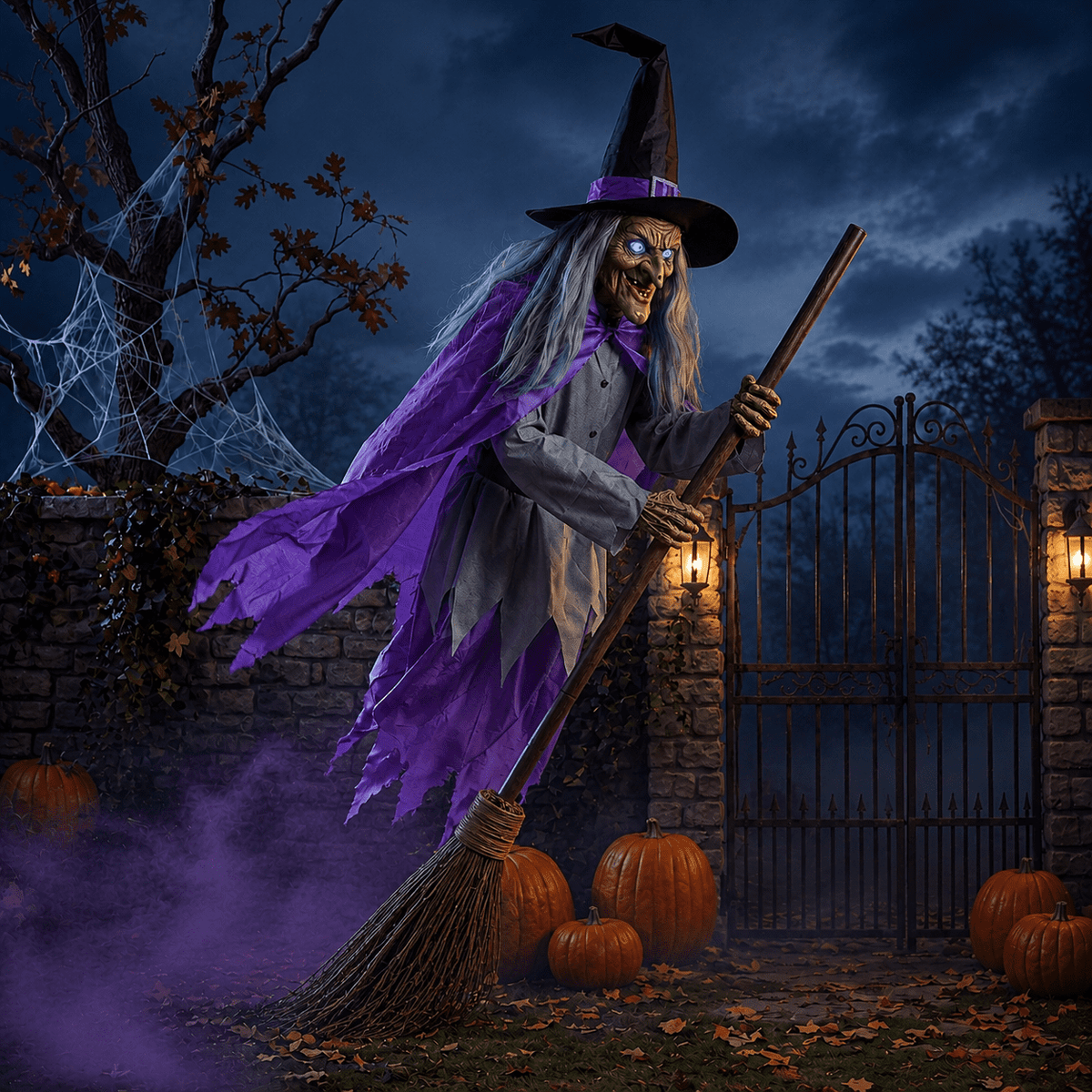 Clearance Halloween Flying Witch Prop, 6 Ft Cloth Broomstick Witch with Glowing Eyes and Sound Activated Effects, Spooky Garden Porch Yard Party Decor