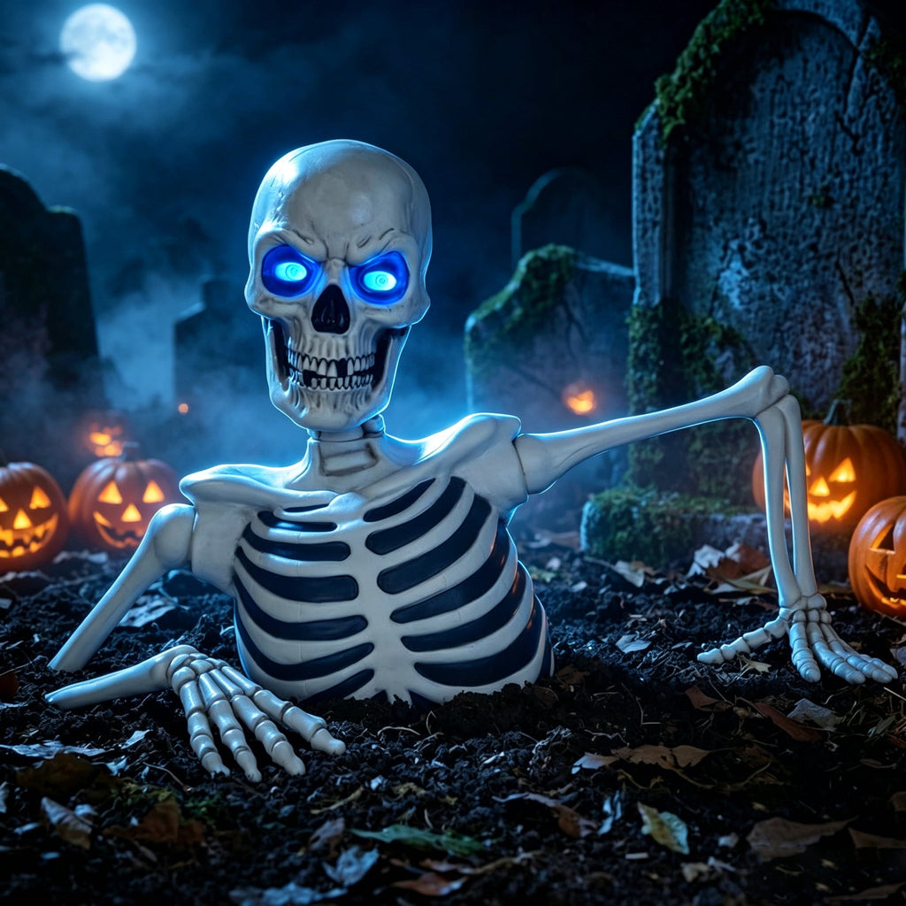 Clearance Halloween Giant Ground Breaking Skeleton Decor with LED Light-Up Moving Eyes, Scary Skull Stakes for Garden Lawn Holiday Party Decor
