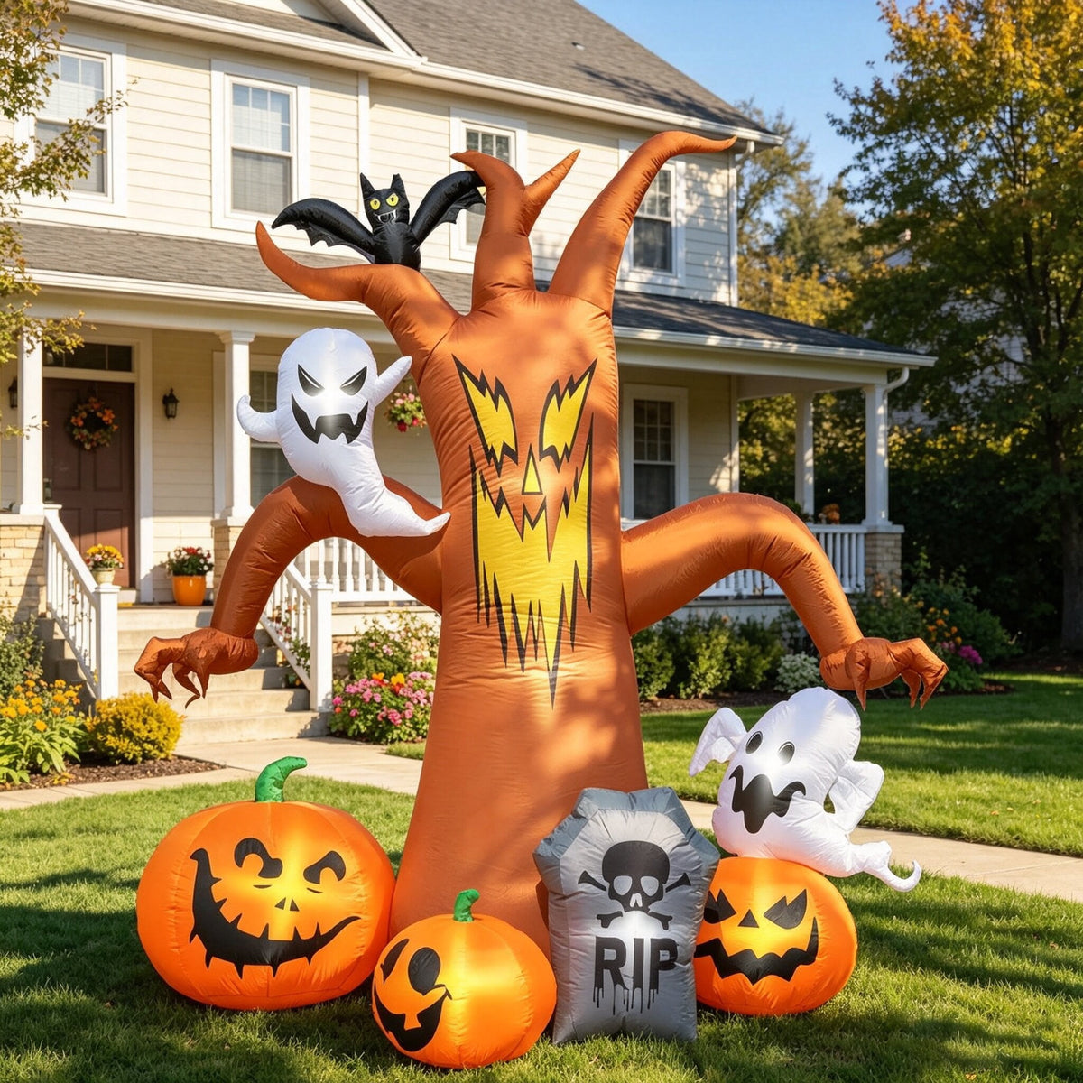 Coolmade 8 ft Halloween Inflatable Dead Tree, Blow‑Up Yard Decor with Built‑in LED Lights, Pumpkin Ghost Tombstone Bat for Lawn Garden Party