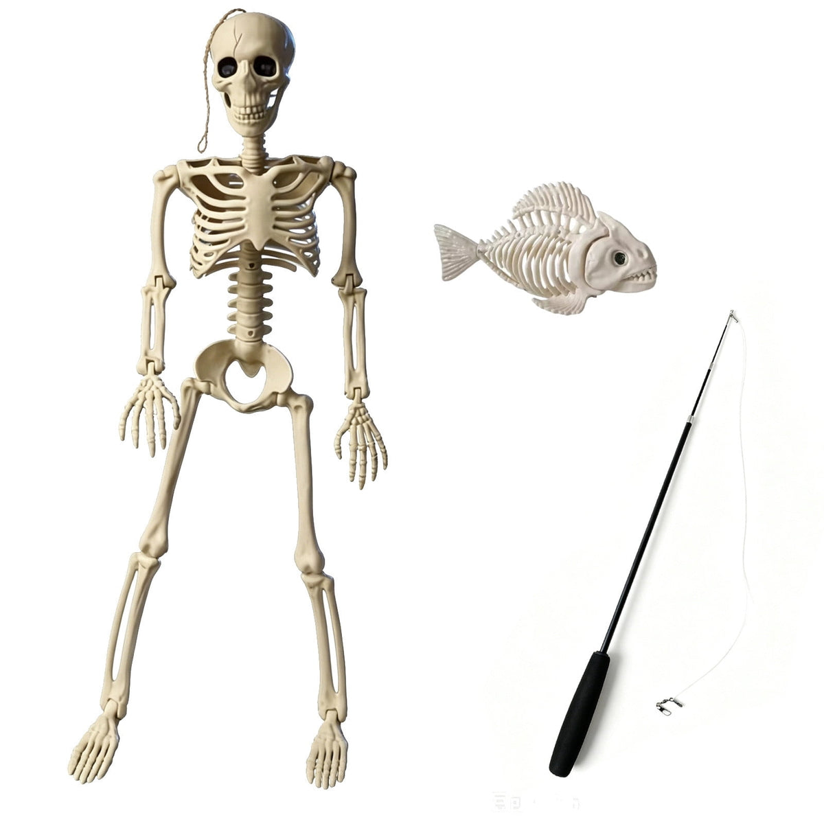 Fishing Skeleton Statue, 35'' Skeleton with 10'' Fish Skeleton, Resin Skull Fisher Sculpture for Aquarium and Garden Pond Edge Ornament Fish Tank Halloween Decorations