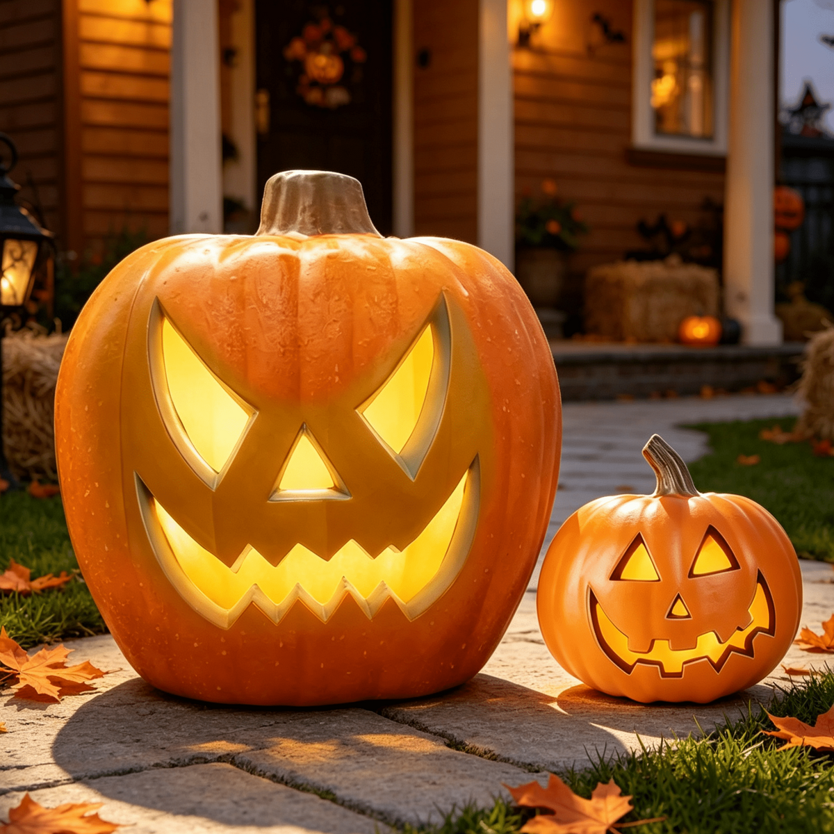 Gamexcel 2-Pack Lighted Jack O Lantern Pumpkins, 20 in and 10 in Pre-Lit LED Halloween Decorations for Porch, Yard and Indoor Outdoor Use