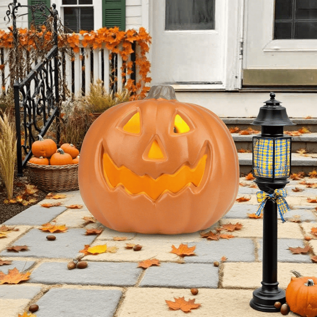 Gamexcel 10" + 14" Pre-Lit Jack O'Lanterns - Indoor/Outdoor Halloween Decorations for Party & Home, Lighted Pumpkin, 2 Pack, Orange
