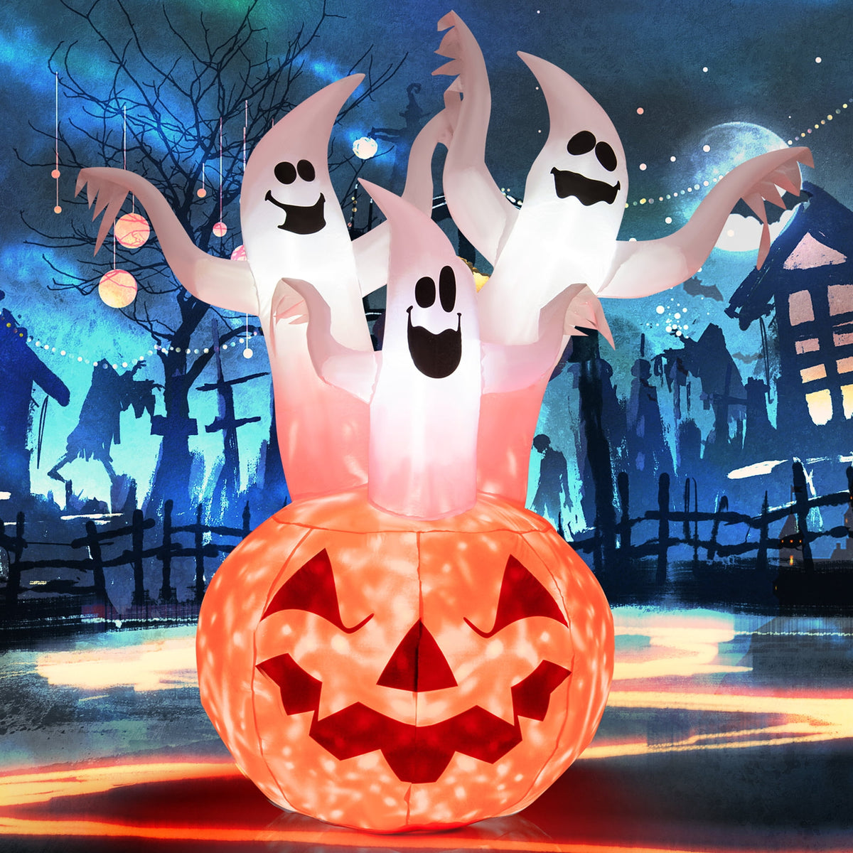 Gymax 6' Halloween Ghost Blow Up Yard Pumpkin Decor w/ Built-in LED & Blower