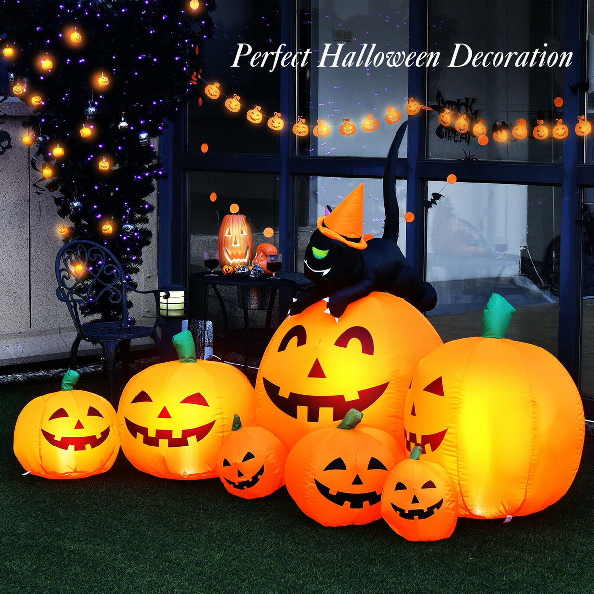 Gymax Inflatable Pumpkin Combo Halloween Decoration 7.5ft Length w/ LED Lights