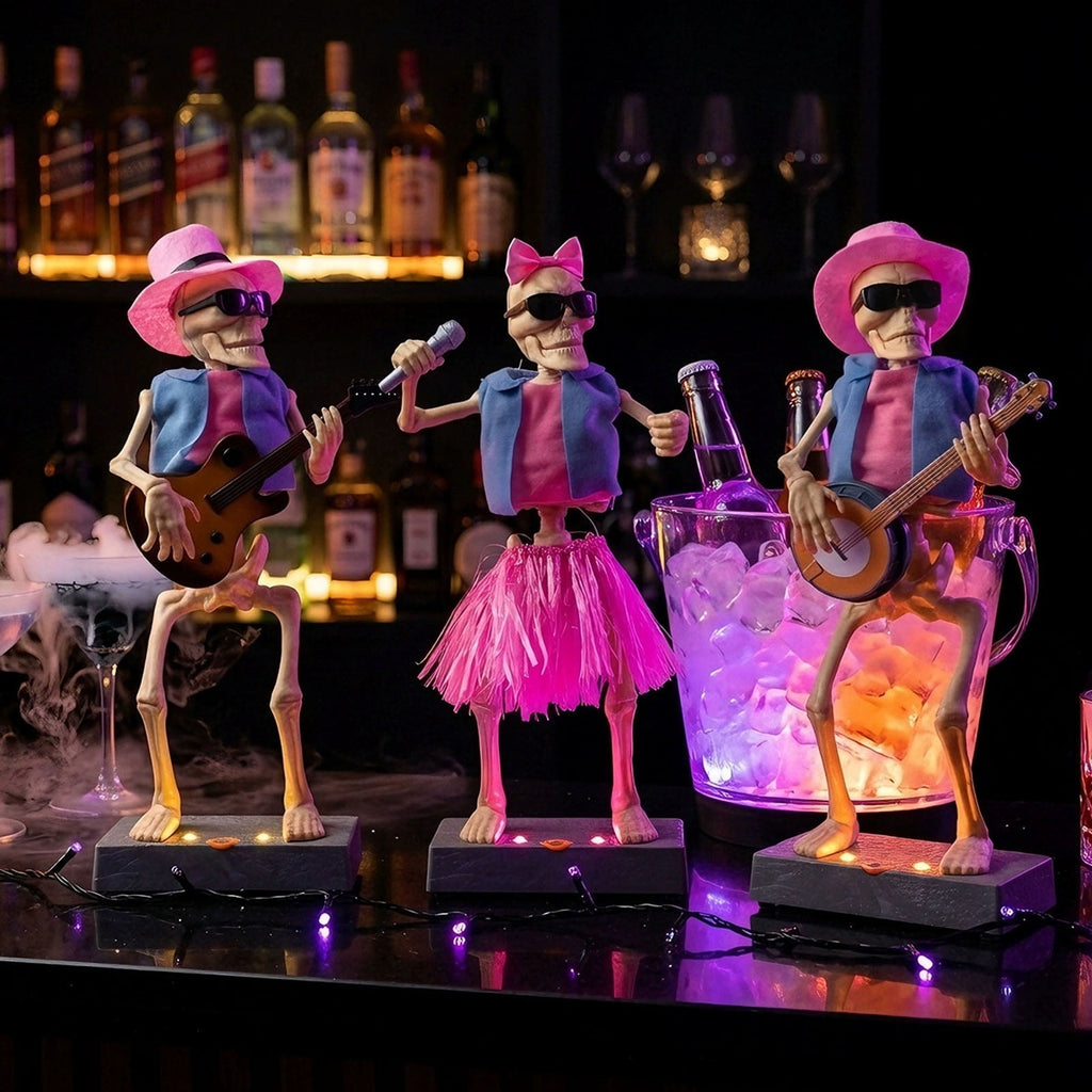 Halloween 3-Pack Rock Band Skeleton Figurine Set with LED Lit Base, 14.6" Pink Hawaiian Outfit Musician Skeleton Statues, Bar Counter Halloween Party Tabletop Decor