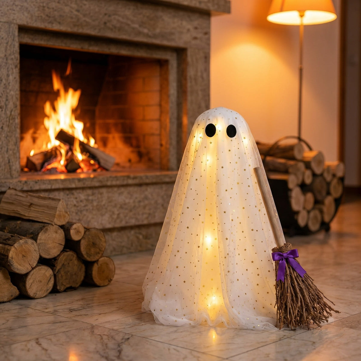 2 Pack Light Up Standing Tulle Ghost Halloween Decorations with Witch Hat, Warm LED Fairy Light Ghost Yard Stakes, Spooky Cute Ghost Outdoor Lawn Porch Mantel Home Halloween Party Decor