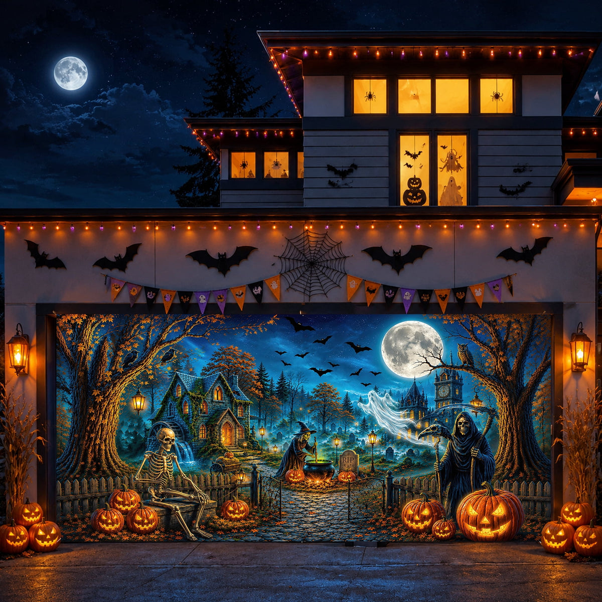 16X7ft Halloween Garage Door Cover Decorations, Spooky Skeletons Pumpkin Large Garage Wall Backdrop Hanging Banner for Halloween Yard Indoor Outdoor Party Decor