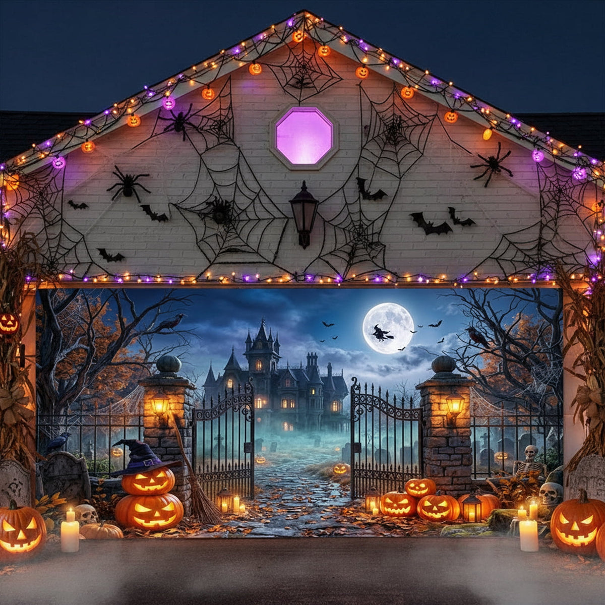16X7ft Halloween Garage Door Cover Decorations, Spooky Skeletons Pumpkin Large Garage Wall Backdrop Hanging Banner for Halloween Yard Indoor Outdoor Party Decor