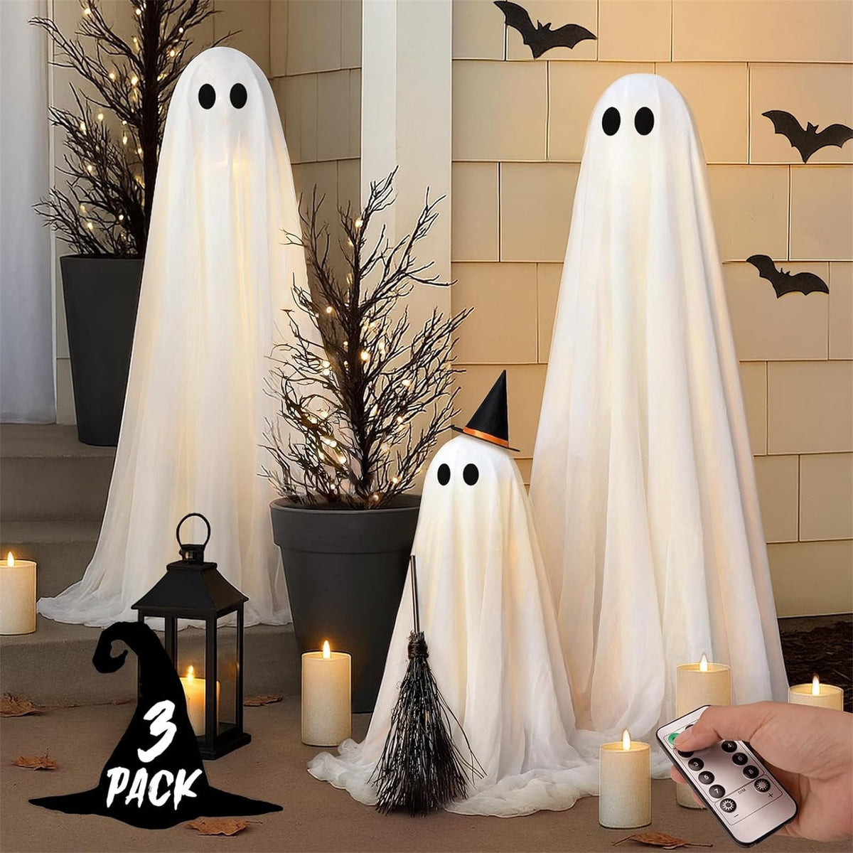 Halloween Ghost Decor, Light Up LED Ghost Decoration with Remote Control, Spooky Ghost Light for Indoor Outdoor Yard Porch Halloween Party,3PC