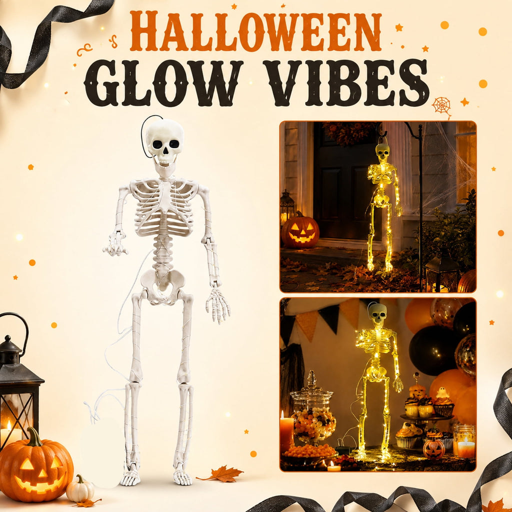 Halloween Light-Up Hanging Skeleton with Warm LED String Lights, 40" Glowing Full Body Plastic Skeleton Ornament with Movable Joints, Indoor Outdoor Halloween Porch Wall Party Decor