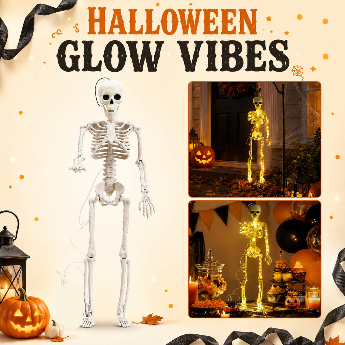 Halloween Light-Up Hanging Skeleton with Warm LED String Lights, 40" Glowing Full Body Plastic Skeleton Ornament with Movable Joints, Indoor Outdoor Halloween Porch Wall Party Decor