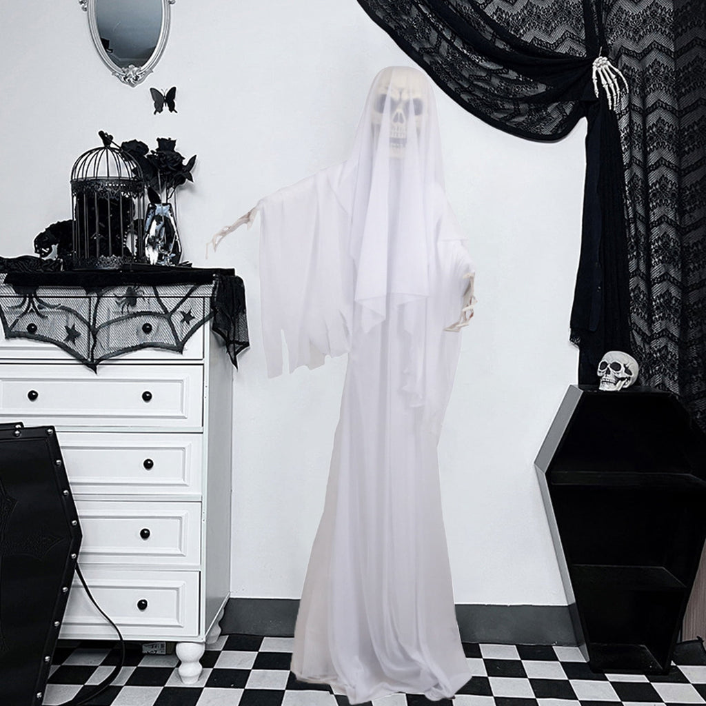 Halloween Ornament Scary Ghost Bride Figure with Sound Battery Operated Halloween Skeleton Decoration Creepy Haunted House Prop-White