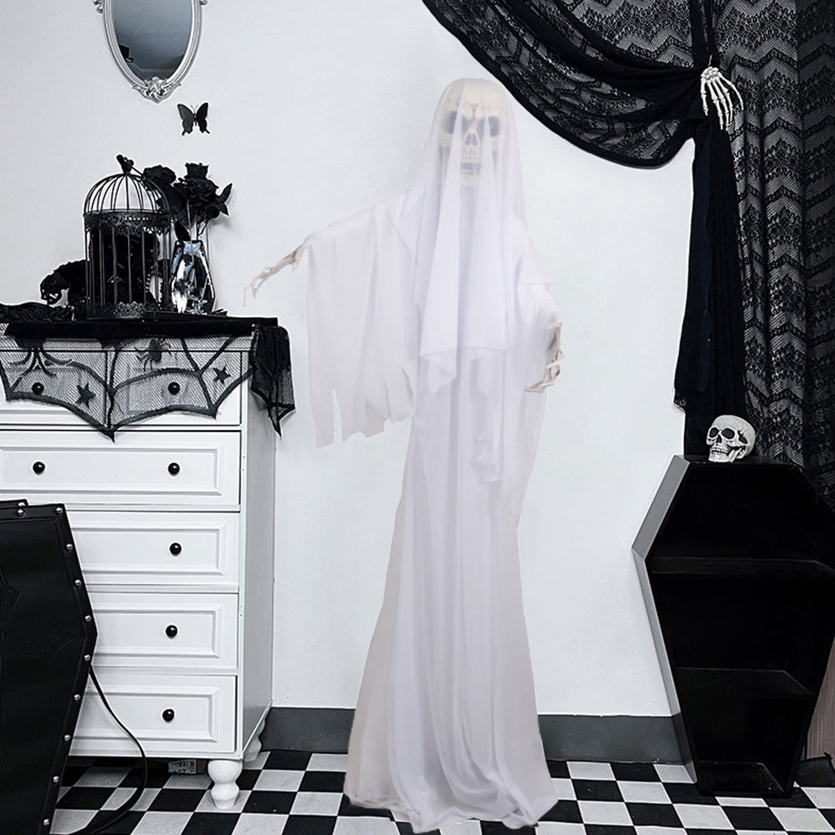 Halloween Ornament Scary Ghost Bride Figure with Sound Battery Operated Halloween Skeleton Decoration Creepy Haunted House Prop-White