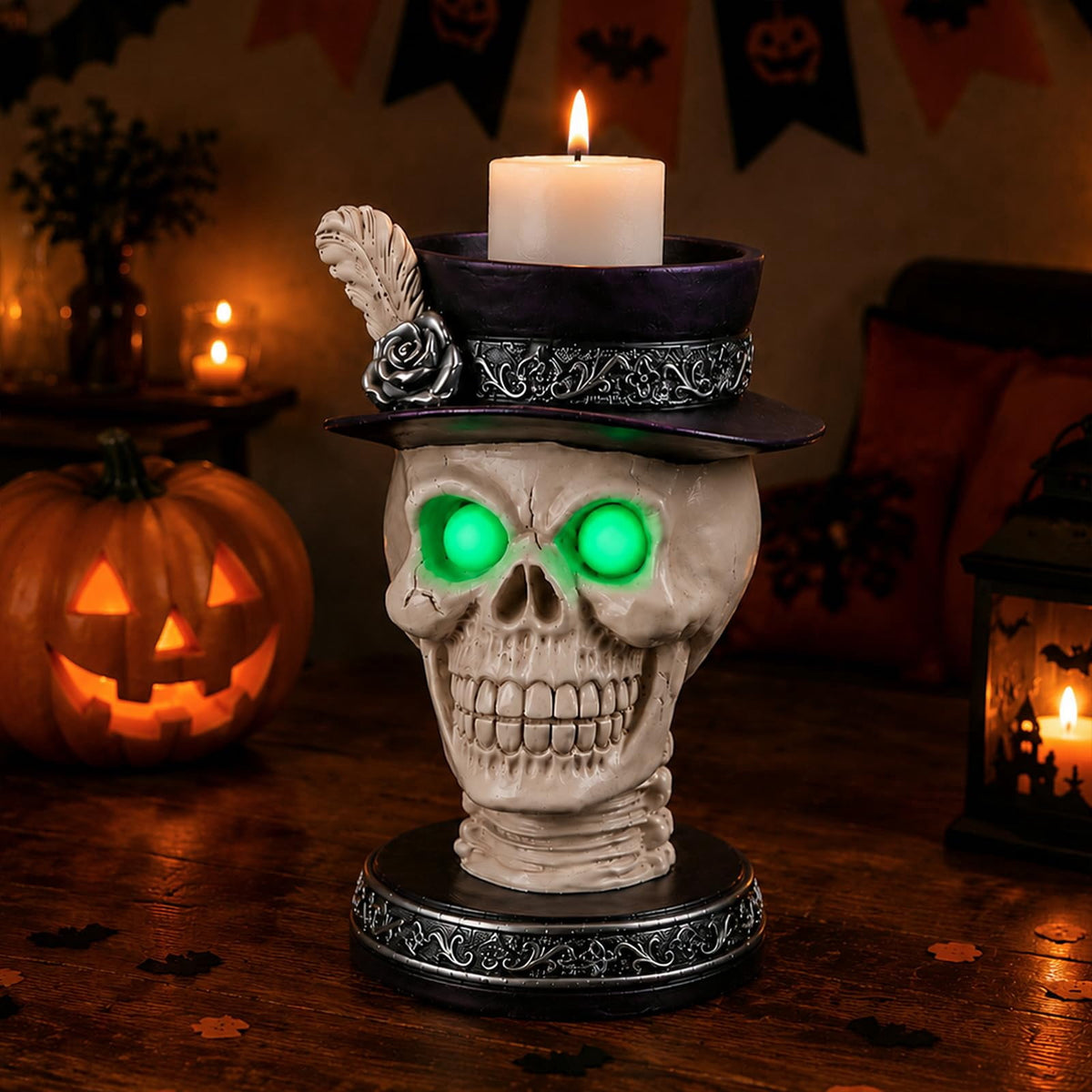 Halloween Ghost Statue with LED Glowing Eyes, Resin Ghost Figurine Tabletop Decor for Indoor Home, Mantel, Shelf, Entryway and Halloween Party Display