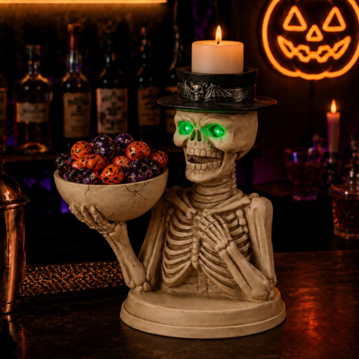 Halloween Skeleton Butler Floor Statue with Serving Tray & Realistic Black Cat, 35.43 Inch Gothic Resin Standing Decor for Entryway, Porch, Living Room, Halloween Party Home Decoration