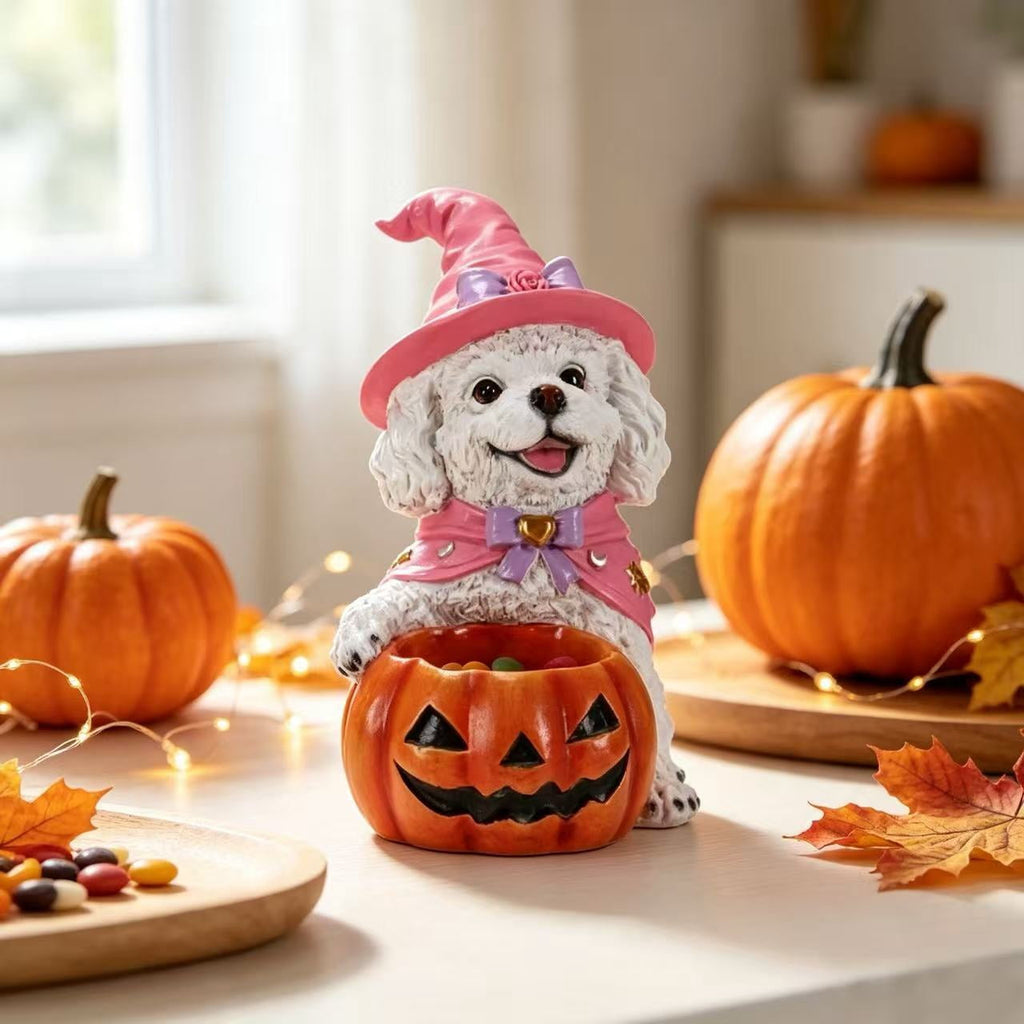 Halloween Witch Puppy Resin Figurine, White Teddy Dog with Pumpkin Candy Bowl for Home Tabletop Decor