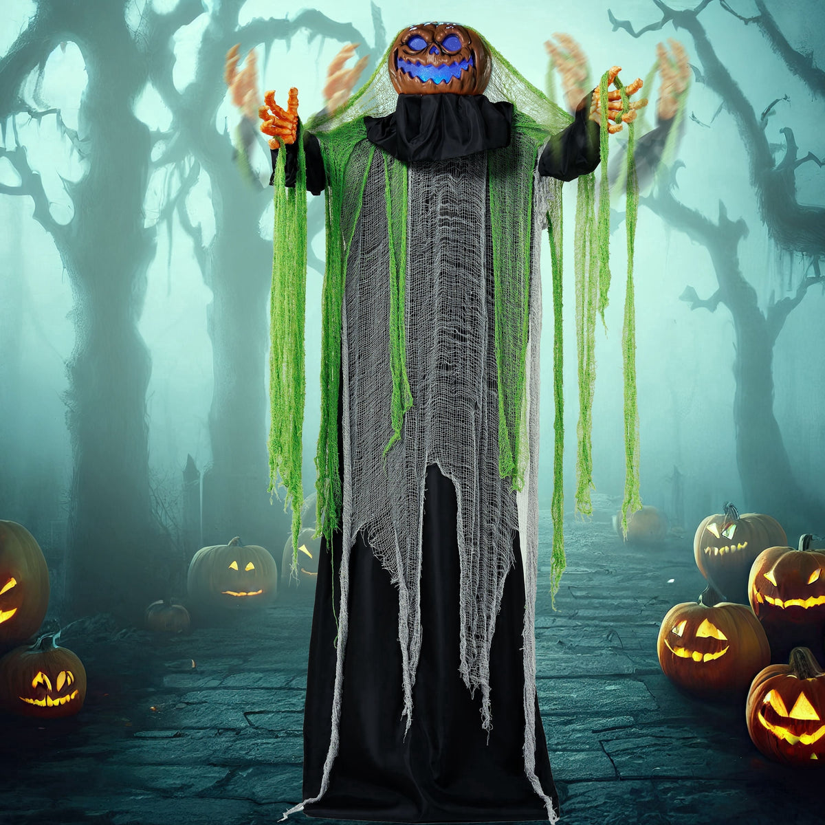 Joyfy 67"(5.6ft) Standing Grim Reaper with Chain, Large Halloween Decorations Outdoor, Life Size Animatronics Skelton, Sound-Actived Party Decor with Creepy Sound & LED Eyes, Scary Haunted House Prop