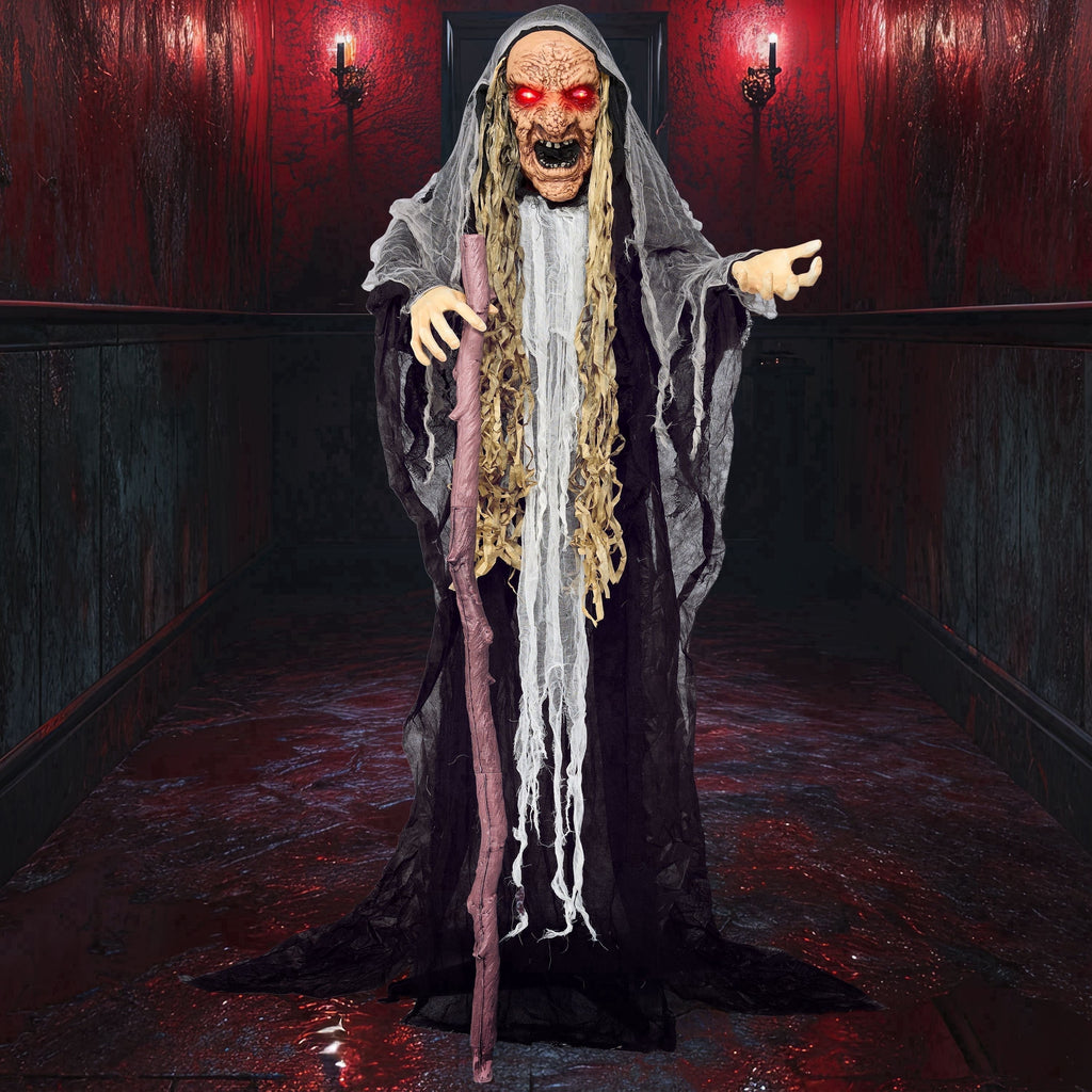 Joyfy 62"(5.17ft) Halloween Standing Hunchback Witch with Light, Animatronics Large Halloween Decorations Outdoor, Radar Motion Activated with Creepy Sound & Eyes and Moving Head for Yard Decor