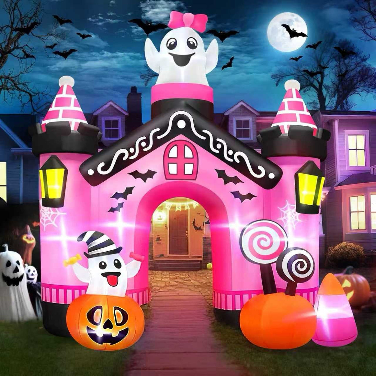 Kalolary 11 FT Halloween Inflatables Ghost Archway Outdoor Decorations, Pink Castle Arch Blow Up Decorations Scary Inflatable with Build-in Lights for Yard Garden Lawn Outdoor Decor