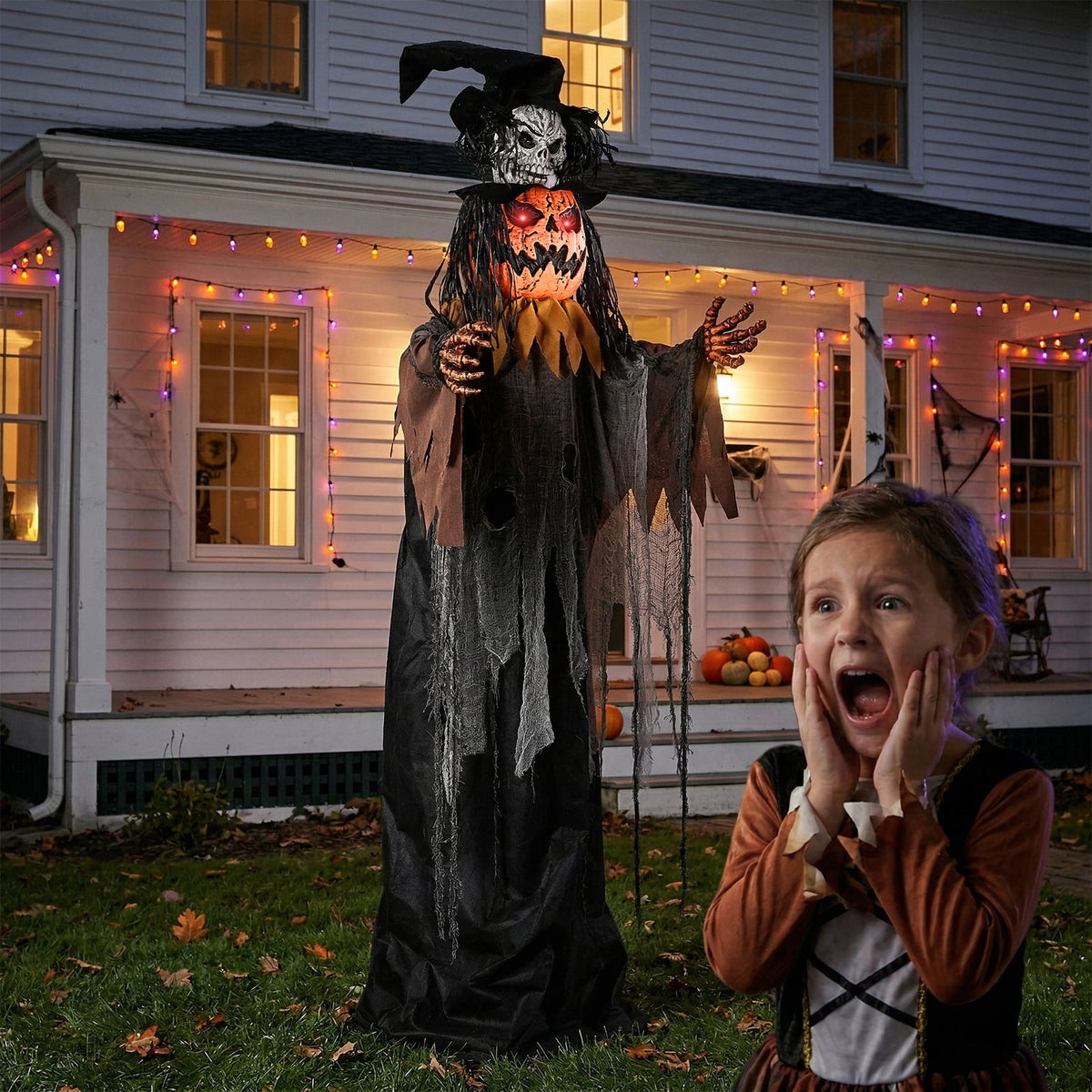 Ktaxon 6ft Pumpkin Man Animated Animatronic Decoration Creepy Halloween w/ Classic Cape Creepy Cloaked Jack-o'-Lantern for Porch & Yard