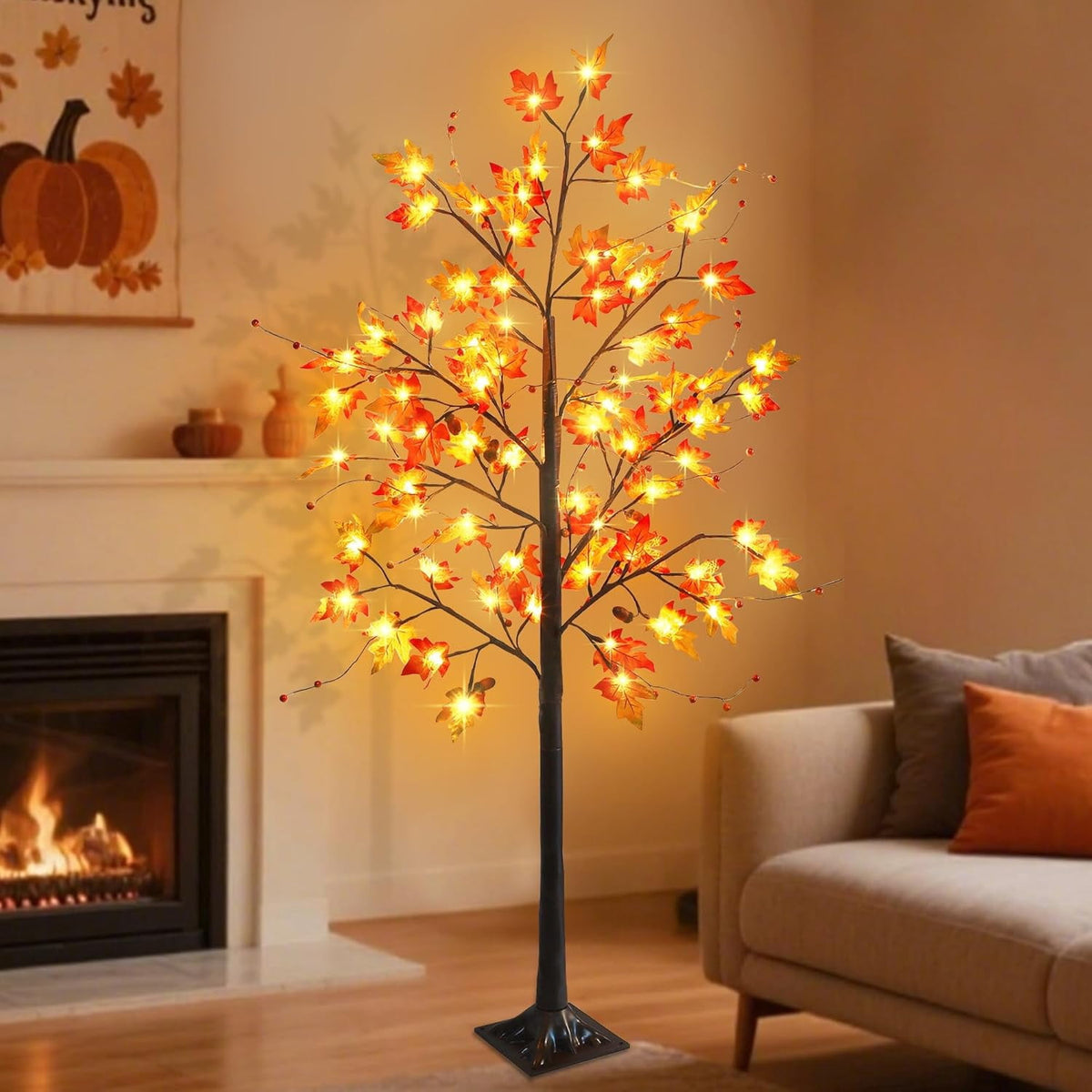 2 Pack LED Lighted Maple Tree, 5 FT Lighted Artificial Tree for Thanksgiving Harvest Fall Festival Halloween Home Party Decoration