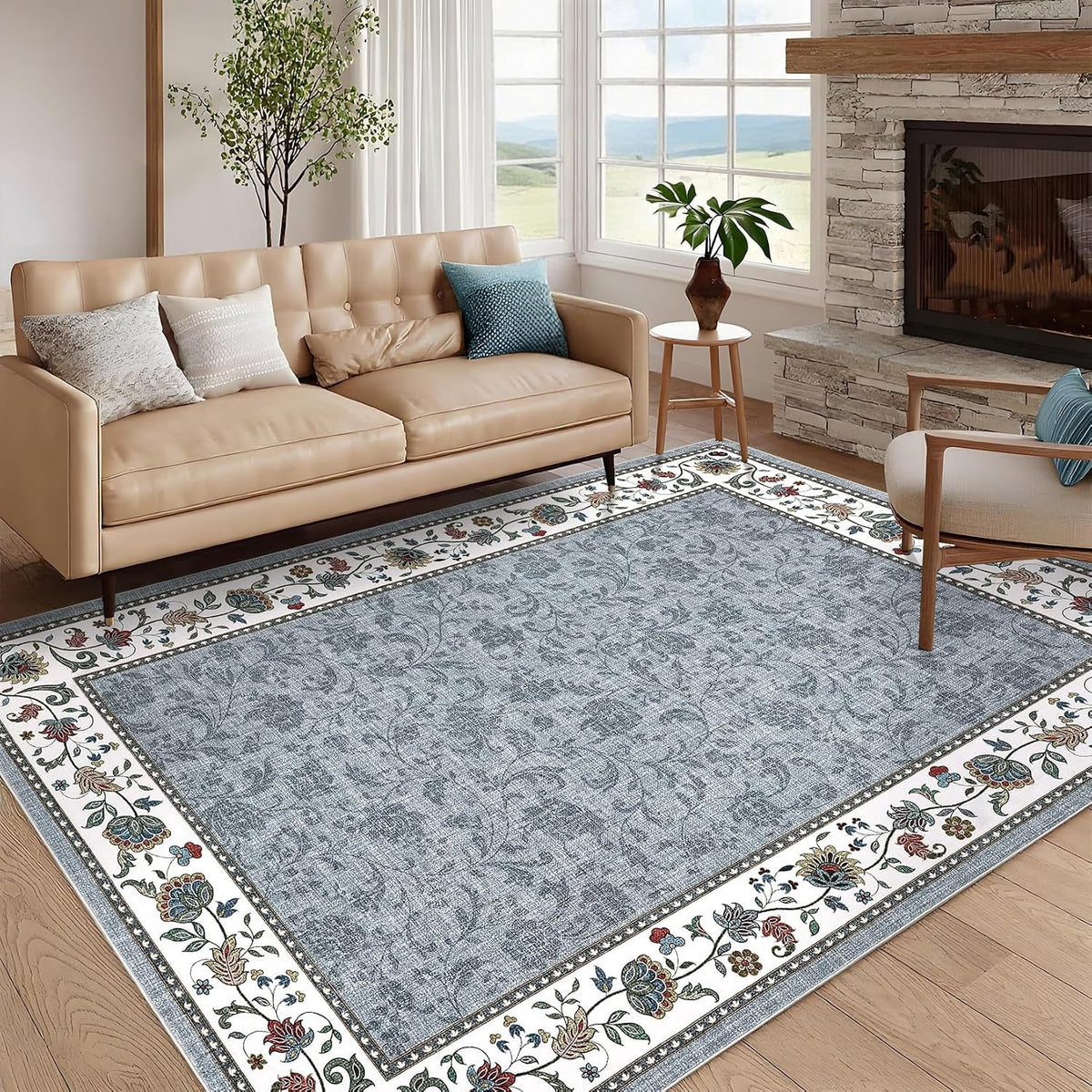 Large Living Room Rug 10x13 Non-Slip Floral Indoor Carpet Washable Floral Bordered Floor Mat Low Pile Non-Shedding Foldable Neutral Bedroom Rugs for Dining Room Nursery Home Office Red